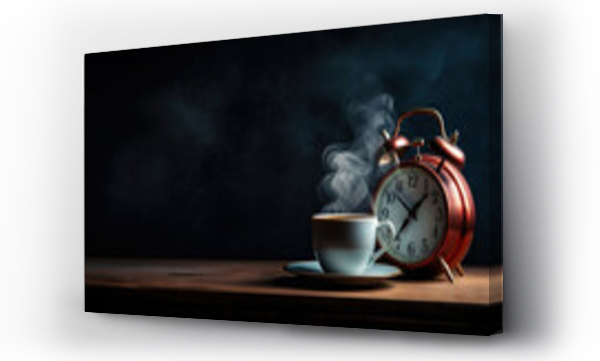 Wizualizacja Obrazu : #662689524 Vintage alarm clock and cup of coffee on the uniform dark backdrop with a copy space. Generative AI