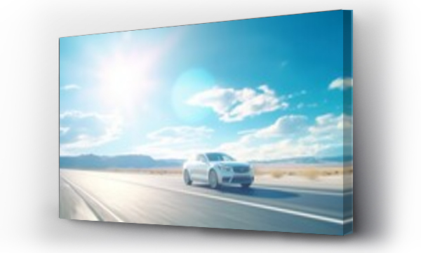 Wizualizacja Obrazu : #662807073 A white car driving down a highway under a blue sky