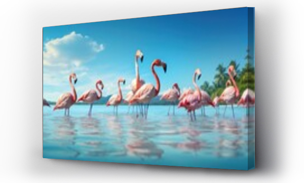 Wizualizacja Obrazu : #662858416 Travel and resort banner with funny pink flamingos standing in clear blue sea with clear sunny sky. Concept of summer vacation, traveling and resting on sea resort.