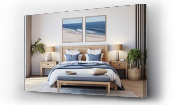 Wizualizacja Obrazu : #662966926 amplio dormitorio con cama, banqueta y  ropa de cama en tonos azules y grises, junto a dos mesitas de madera y cuadros abstractos en pared