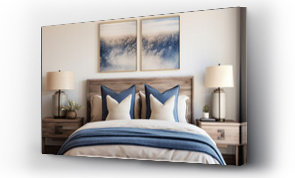 Wizualizacja Obrazu : #662966977 dormitorio con cama y ropa de cama en tonos azules y grises, junto a dos mesitas de madera y cuadros abstractos en pared.