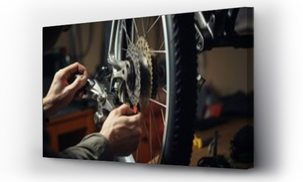 Wizualizacja Obrazu : #663015322 Close up hand of male mechanic working in bicycle repair shop, repairing broke bike