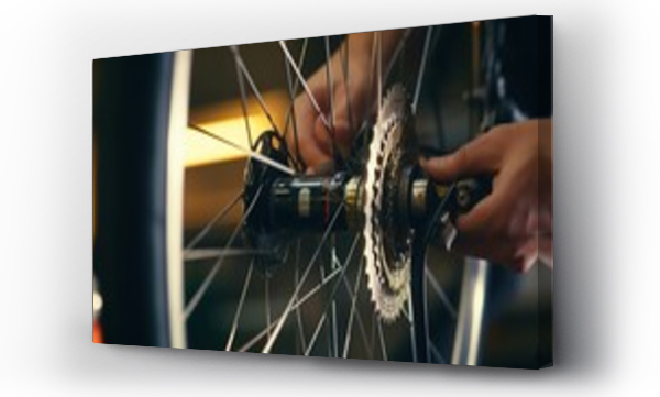 Wizualizacja Obrazu : #663015432 Close up hand of male mechanic working in bicycle repair shop, repairing broke bike