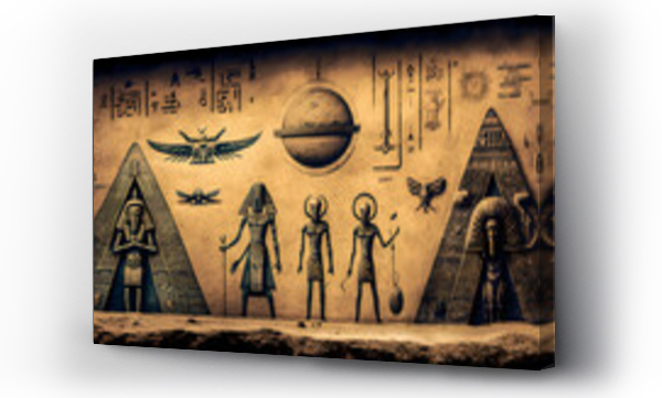 Wizualizacja Obrazu : #663153721 Egyptian hieroglyphs, Egypts people worship aliens UFO flying saucers. Generation AI.