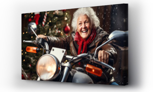 Wizualizacja Obrazu : #663278753 happy smiling old woman on motorcycle in winter forest with Christmas tree