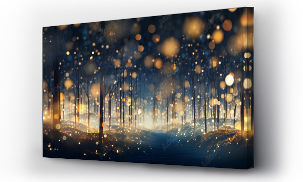 Wizualizacja Obrazu : #663539261 night forest background with snow and gold, blue and gold glitter bokeh effect, luxury, party, celebration, christmas, new year, birthday