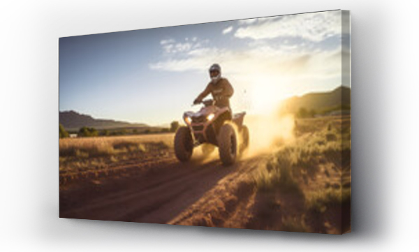 Wizualizacja Obrazu : #663637941 Man riding atv vehicle on offroad track. Quad bike riders in the desert at sunset, extreme sport activities theme.