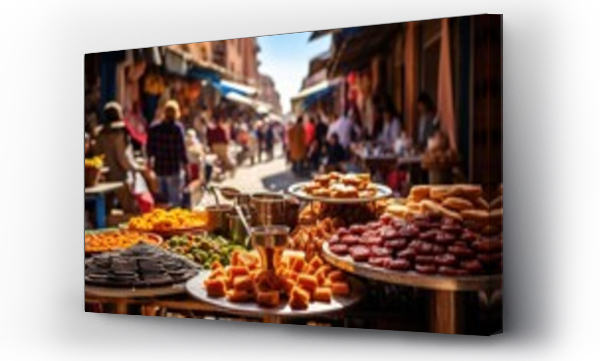Wizualizacja Obrazu : #663645688 A bustling marketplace in Morocco, filled with vibrant textiles, spices, and crafts that embody the essence of Moroccan culture.