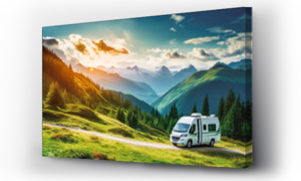 Wizualizacja Obrazu : #663730931 A camper van in the mountains in summer. Outdoors in nature with a camper van, enjoying sunny summer days and serene mountain views.