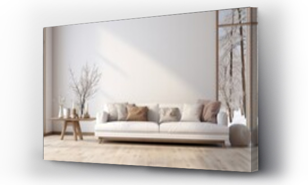 Wizualizacja Obrazu : #663745307 White minimalist living room interior with sofa on a wooden floor, decor on a large wall, white landscape in window. Home Nordic interior