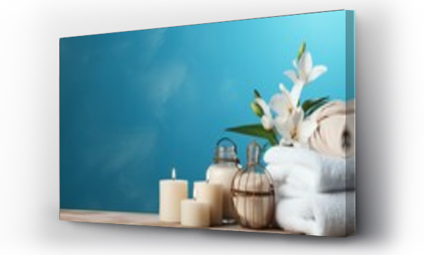 Wizualizacja Obrazu : #663748627 Eco friendly spa relax composition with mockup of natural beauty products, candle and spa accessories on blue background with white flowers. Wellness and skin care treatment.