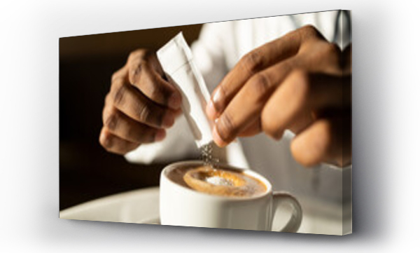 Wizualizacja Obrazu : #663774230 Crop freelancer adding sachet sugar to hot coffee in mug