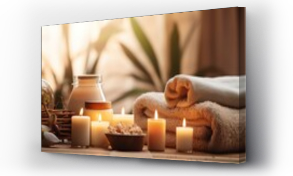 Wizualizacja Obrazu : #663797093 Beautiful spa treatment composition such as Towels, candles, essential oils, Massage Stones on light wooden background. blur living room, natural creams and moisturising Healthy lifestyle