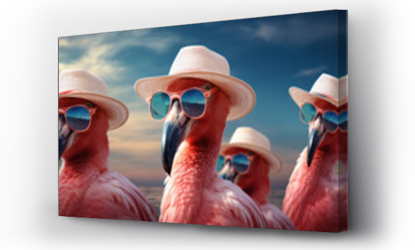 Wizualizacja Obrazu : #663827630 Flamingos wearing sunglasses and a hat on the beach