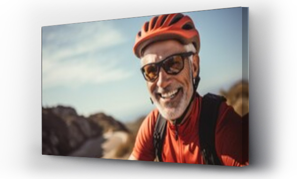 Wizualizacja Obrazu : #663887245 An older man wearing a helmet and sunglasses. This picture can be used to depict safety, outdoor activities, or a motorcycle enthusiast.