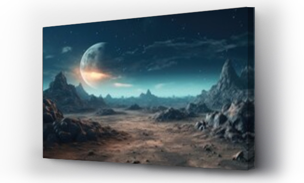 Wizualizacja Obrazu : #663887805 An otherworldly landscape featuring a planet in the distance. This image can be used to depict an alien world or outer space exploration.