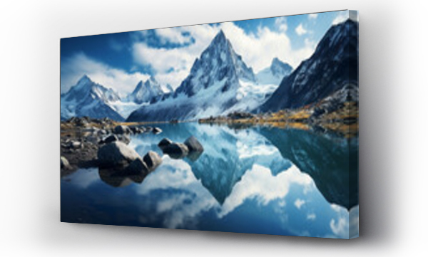 Wizualizacja Obrazu : #663906782 A breathtaking scene of snow-capped mountains majestically reflecting on the mirror-like surface of a still alpine lake on a crisp, clear day