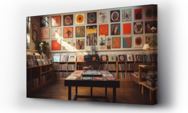 Wizualizacja Obrazu : #663966774 Vintage record store interior with vinyl collections and retro decor.