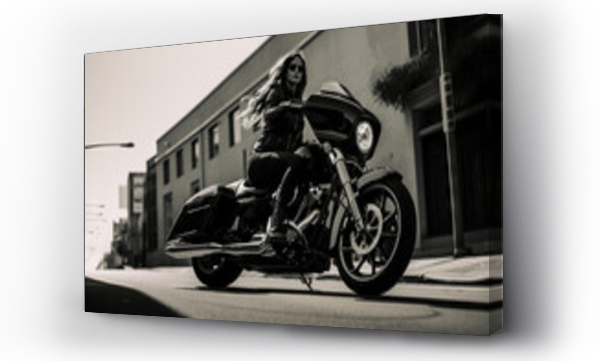 Wizualizacja Obrazu : #664028040 Seductive brunette girl with long hair in a black leather jacket sits near a modern motorcycle on a background of nature. Closeup portrait of a sexy woman near an expensive black bike.