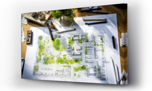 Wizualizacja Obrazu : #664077663 Architectural plans with landscape design on the desk. Top view