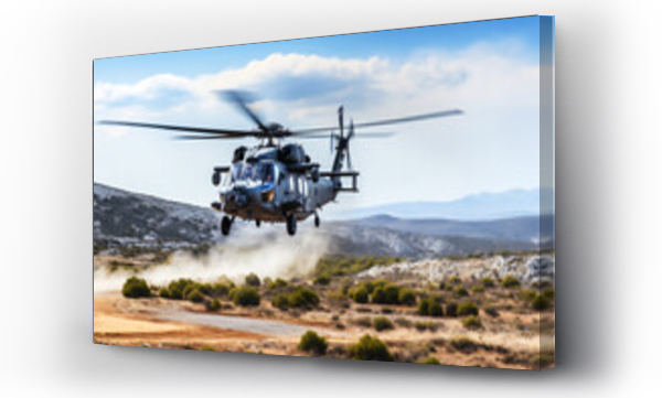 Wizualizacja Obrazu : #664095846 Military helicopter lands on hilly terrain