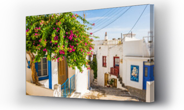 Wizualizacja Obrazu : #664105186 Typical narrow street with Greek architecture and houses decorated with flowers in Plaka village, Milos island, Cyclades, Greece