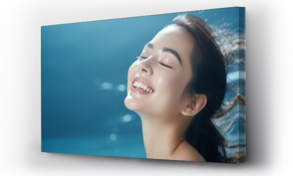 Wizualizacja Obrazu : #664355793 Skin care. Woman with beautiful face touching healthy facial skin. Beautiful portrait of smiling Asian girl model with natural make-up.