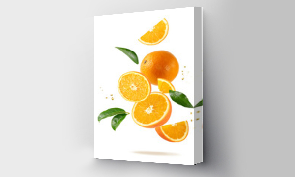 Wizualizacja Obrazu : #664426557 Fresh orange fruit whole and slices with leaves and drops falling flying
