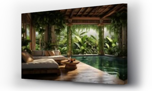 Wizualizacja Obrazu : #664467367 Small private swimming pool in Bali house. Green tropical plants around, wooden sofa. Villa in Jungle.