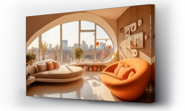 Wizualizacja Obrazu : #665065118 Bedroom design in a circular shape, in the style of brutalist architecture, orange and beige, retro-style
