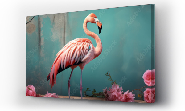Wizualizacja Obrazu : #665114157 Pink flamingo on the background of the wall with exotic beautiful flowers, bright tropical banner