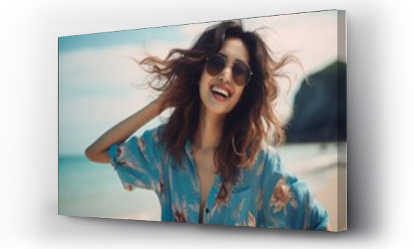 Wizualizacja Obrazu : #665331166 Generative AI : Happy smile female covering the sunshine with her hand on the sea