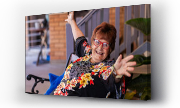 Wizualizacja Obrazu : #665340198 Joyful old lady with hand up in happiness