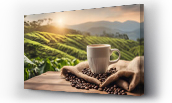 Wizualizacja Obrazu : #665373957 Cup of coffee with smoke and coffee beans in burlap sack on coff. blurred Coffee plantation on the mountain.