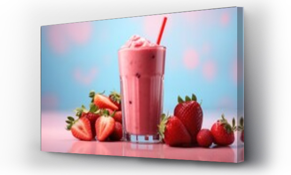 Wizualizacja Obrazu : #665503774 a strawberries smoothie with a straw and fruit on a table 