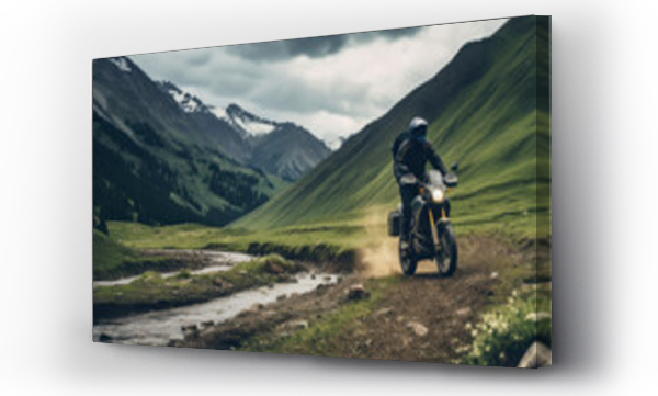 Wizualizacja Obrazu : #665620977 Male biker on motorcycle rides off-road in mountains in highlands, beautiful mountain landscape, cloudys sky, nature environment. Active leisure, travel, sport concept. Generative ai.