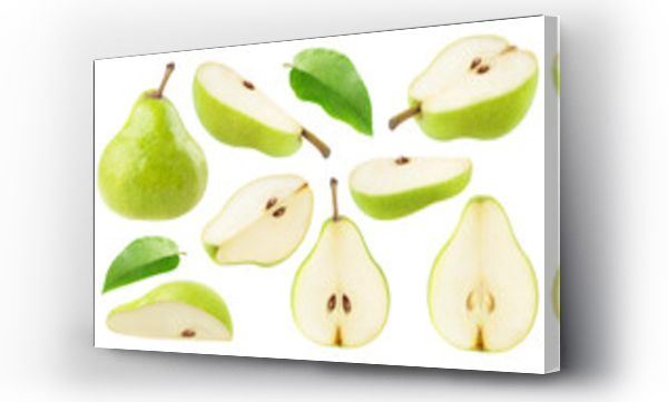 Wizualizacja Obrazu : #665676488 Collection of cut pear fruits and leaves, cut out