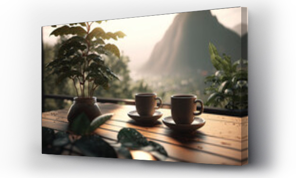 Wizualizacja Obrazu : #665753256 Coffee plant and coffee cups on top table morning