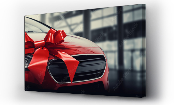 Wizualizacja Obrazu : #665780133 New car concept card with copy space. Auto tied with gift ribbon and bow. Auto dealership and rental. Red car with red ribbon tie on car top. Place for text, close up. Giving a car as a gift. 