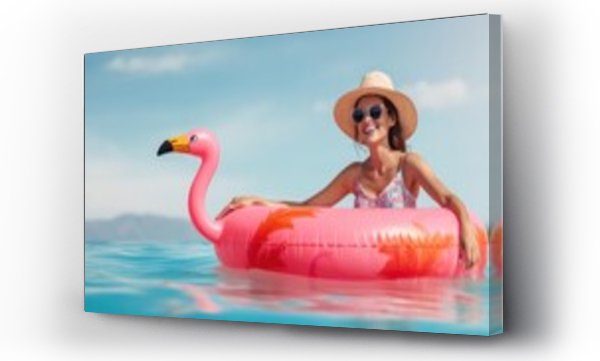 Wizualizacja Obrazu : #665962204 Beautiful smiling woman wearing sunglass and summar hat in bikini swimsuit with flamingo swim ring 