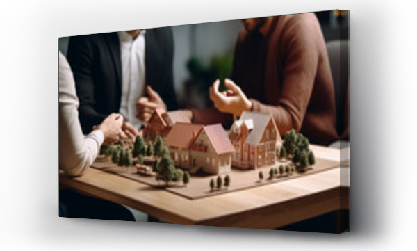 Wizualizacja Obrazu : #666026203 3d render miniature model maquette of small house building on table couple talk and point about it.