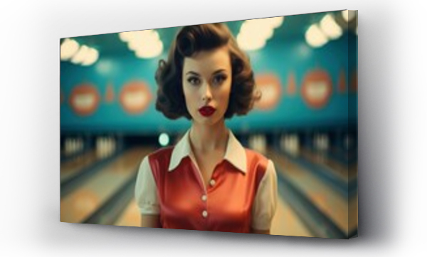 Wizualizacja Obrazu : #666058732 Young woman with ball in bowling club retro style. Sport play lady. Generate Ai