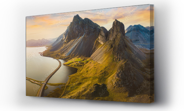 Wizualizacja Obrazu : #666117880 beautiful scenic road in Iceland, nature landscape aerial panorama, spectacular mountains and coast with sunset light