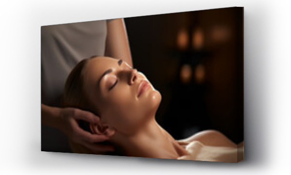 Wizualizacja Obrazu : #666321775 A serene woman receiving a gentle face massage in a dimly lit spa setting.