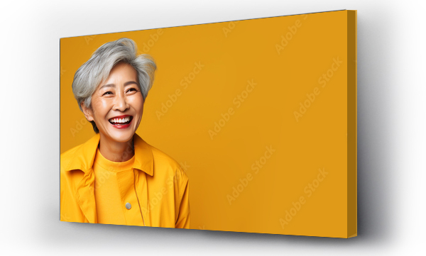 Wizualizacja Obrazu : #666616238 Happy smiling confident senior old Asian gray haired female looking at camera with happy gesture. Active old woman lady on yellow studio background. Full of life positive lifestyle concept. Copy paste