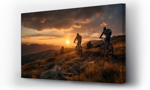 Wizualizacja Obrazu : #666822614 Two mountainbikers riding down a mountain at sunset.