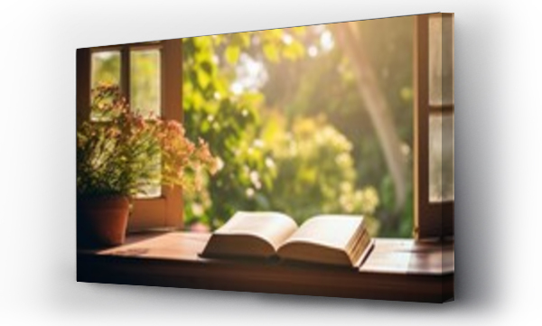 Wizualizacja Obrazu : #666936225 An open book on a sunlit windowsill with a view