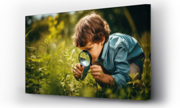 Wizualizacja Obrazu : #667031089 Curious child with a magnifying glass inspecting nature - Learning and education