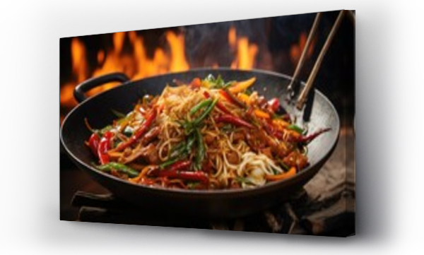 Wizualizacja Obrazu : #667162345 Stir fry noodles with pork and vegetables in wok on fire background, Indulge in the fiery excitement of Asian street food with a sizzling wok filled with stir-fried noodles, vegetables, AI Generated