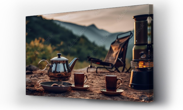 Wizualizacja Obrazu : #667174031 Camping trip with coffee set manual equipment bonfire and hiking in nature near mountains